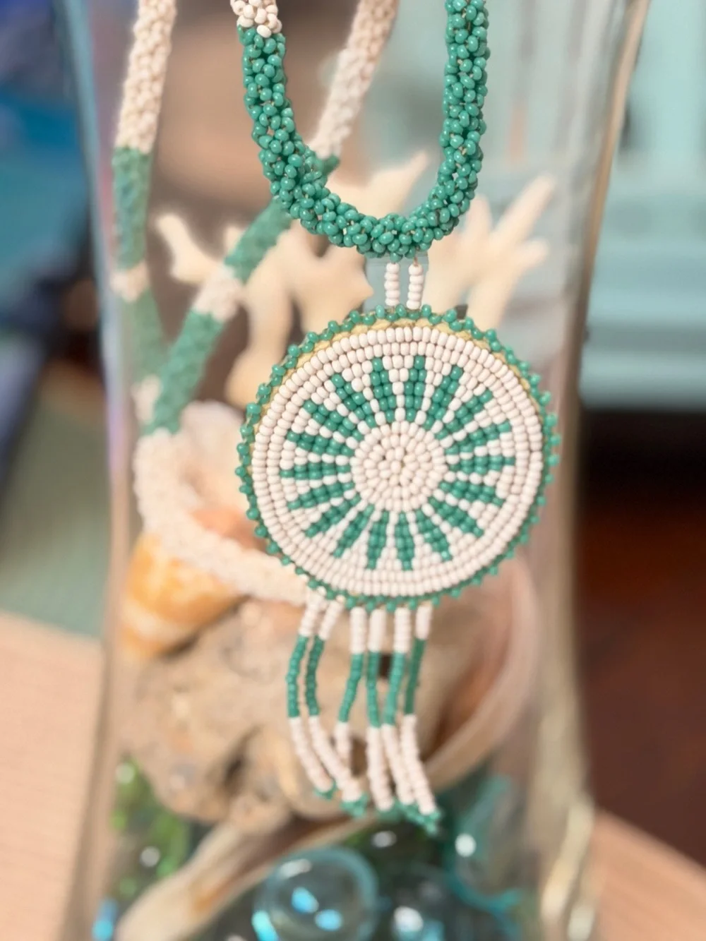 Turquoise and White Beaded Medallion Necklace Set